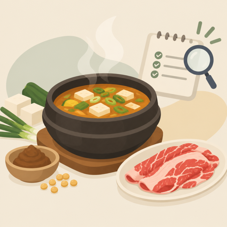 AI 생성 설명 이미지: 안산일동한우 유니드정육식당 | 차돌된장찌개 이름으로 알 수 있는 것과 확인할 점
